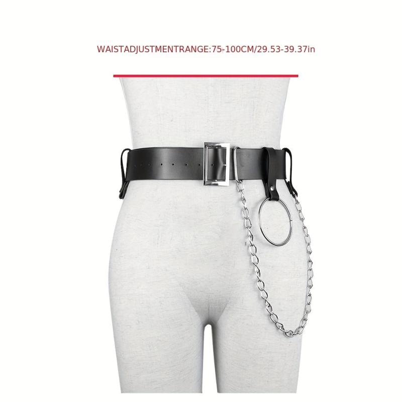 Punk Chain Ring Decor Belt PU Leather Waistband Gothic Adjustable Harness Belt