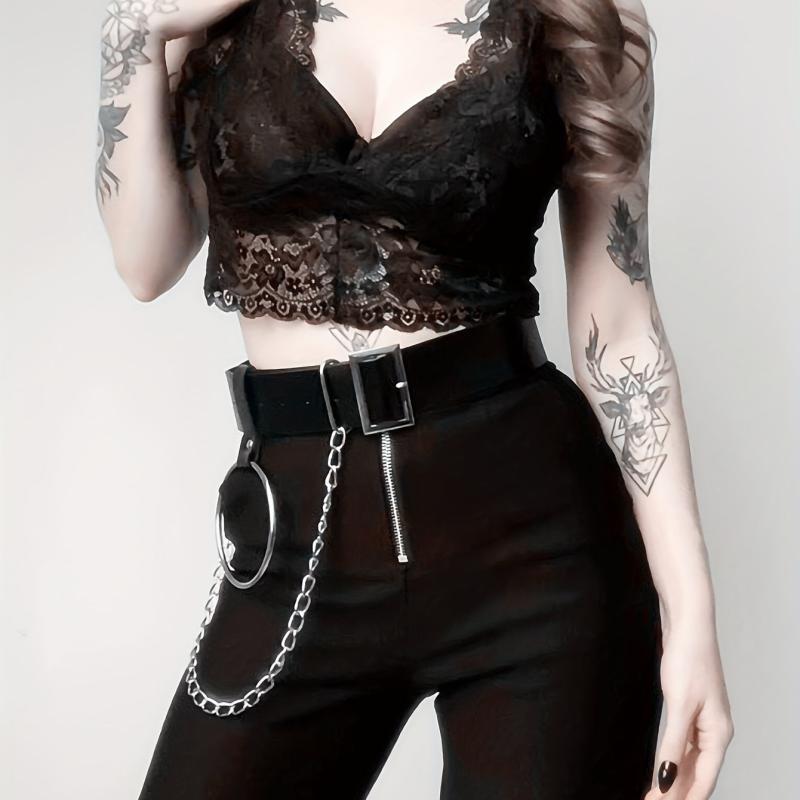 Punk Chain Ring Decor Belt PU Leather Waistband Gothic Adjustable Harness Belt