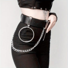 Punk Chain Ring Decor Belt PU Leather Waistband Gothic Adjustable Harness Belt