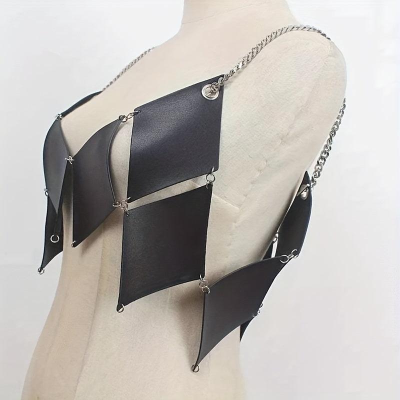 Stylish Rhombus Hollow Out Belt PU Leather Chain Suspenders