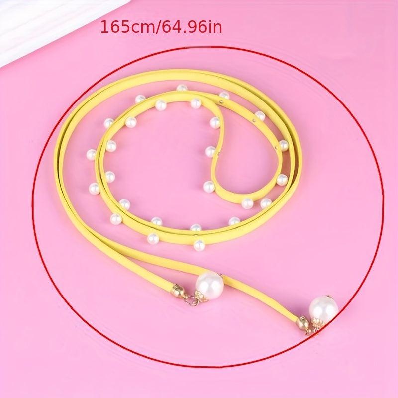 Faux Pearl Decor Thin Belt Lace Up Candy Sash Belt Pendant Waistband