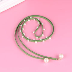 Faux Pearl Decor Thin Belt Lace Up Candy Sash Belt Pendant Waistband