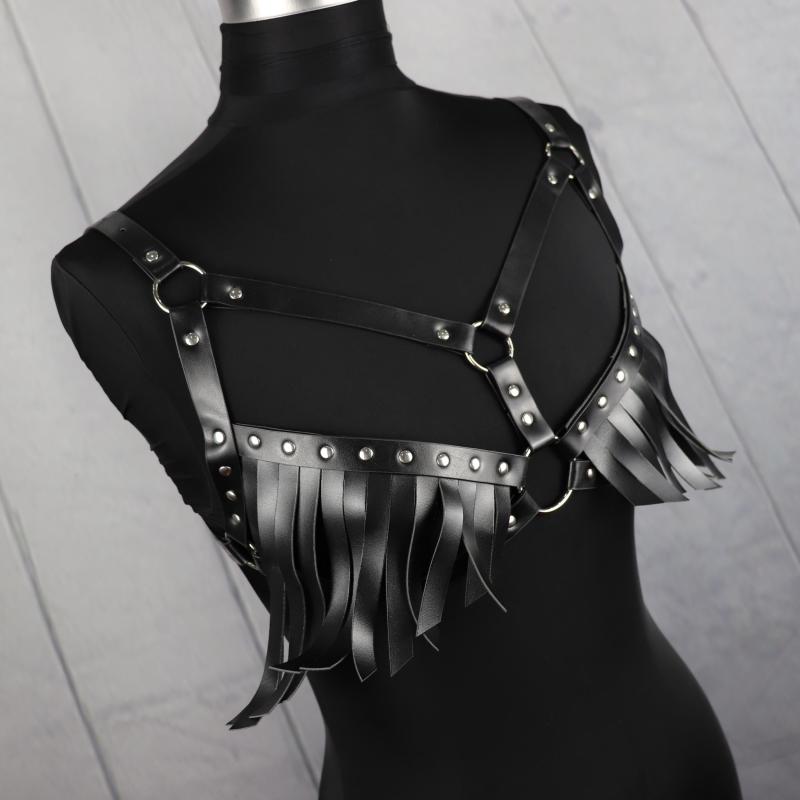 Striped Tassel Caged Bra Harness Belt Rivet Adjustable Corset Belt