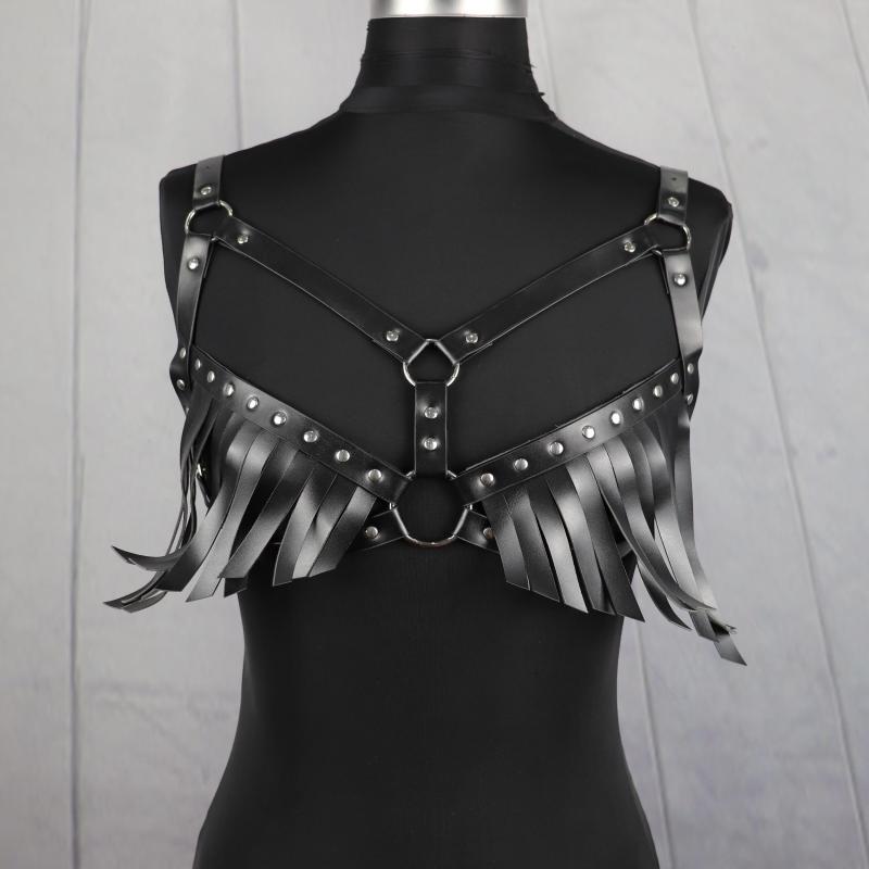 Striped Tassel Caged Bra Harness Belt Rivet Adjustable Corset Belt