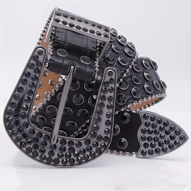 Crocodile Pattern Rhinestone Belt Sparkling Vintage PU Leather Waistband