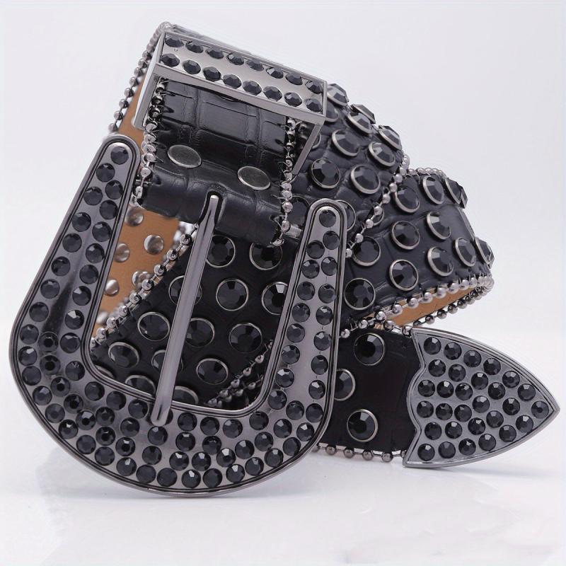 Crocodile Pattern Rhinestone Belt Sparkling Vintage PU Leather Waistband