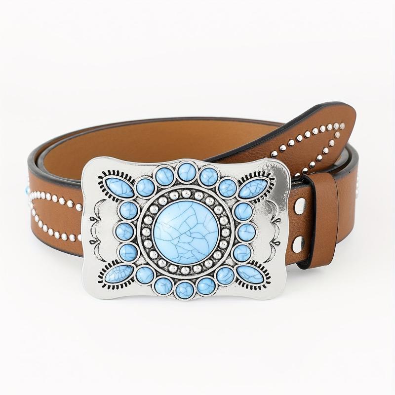 Boho Turquoise Belt Square Buckle Rhinestone Decor PU Belt