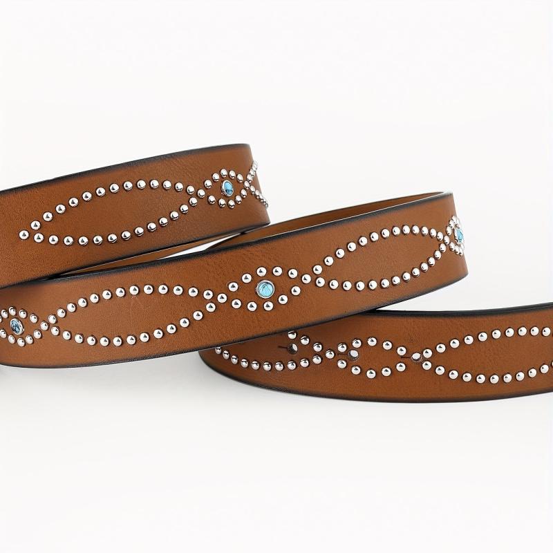 Boho Turquoise Belt Square Buckle Rhinestone Decor PU Belt