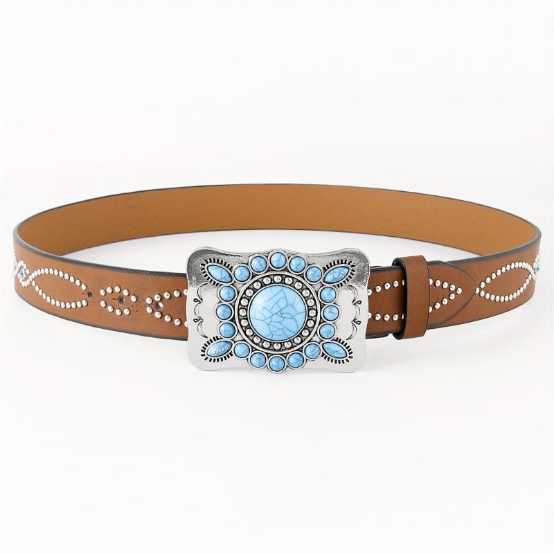 Boho Turquoise Belt Square Buckle Rhinestone Decor PU Belt