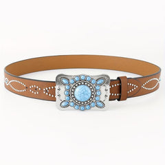 Boho Turquoise Belt Square Buckle Rhinestone Decor PU Belt