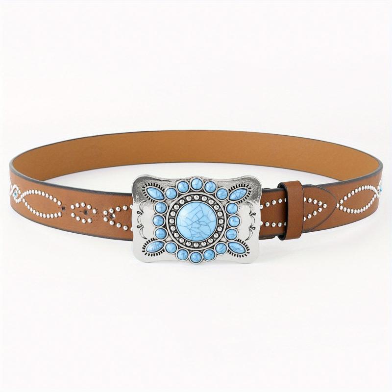 Boho Turquoise Belt Square Buckle Rhinestone Decor PU Belt