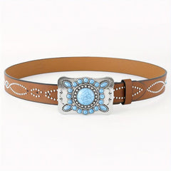 Boho Turquoise Belt Square Buckle Rhinestone Decor PU Belt