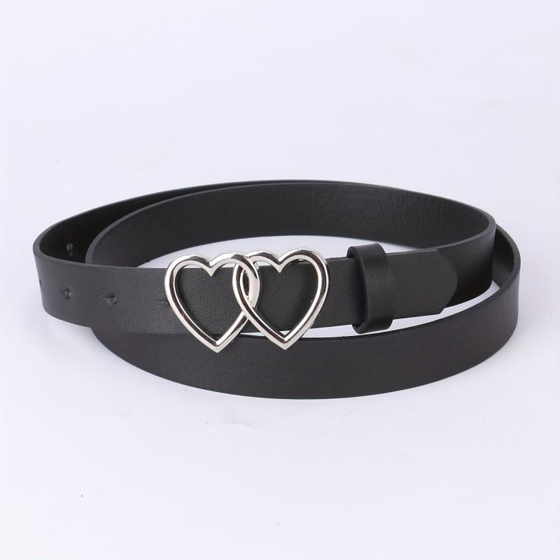 PU Leather Thin Belt Double Heart Metal Buckle Jeans Dress Coat Belts
