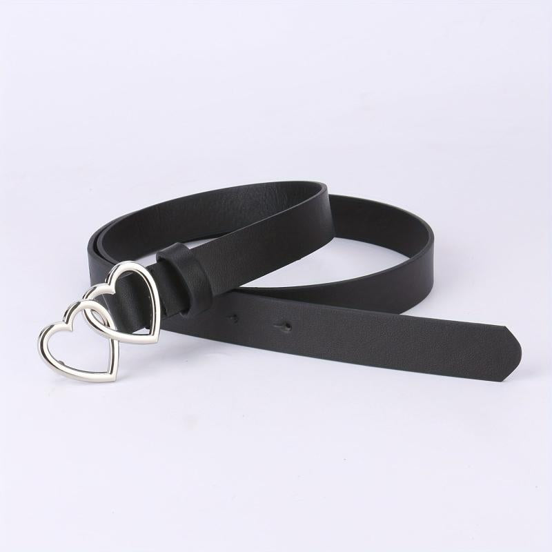 PU Leather Thin Belt Double Heart Metal Buckle Jeans Dress Coat Belts