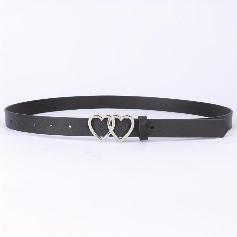PU Leather Thin Belt Double Heart Metal Buckle Jeans Dress Coat Belts