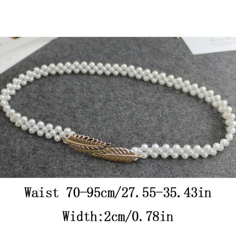 Metal Leaf Elastic Pearl Waist Chain for Dress