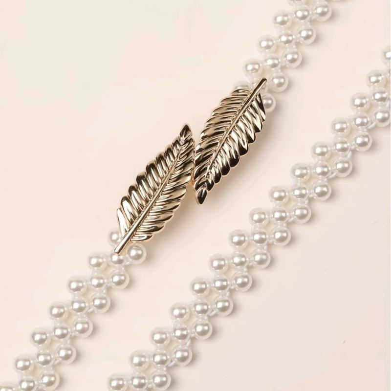 Metal Leaf Elastic Pearl Waist Chain for Dress