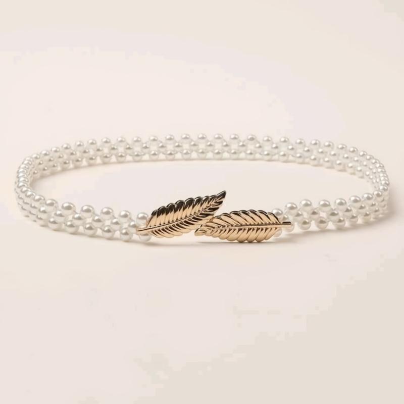 Metal Leaf Elastic Pearl Waist Chain for Dress