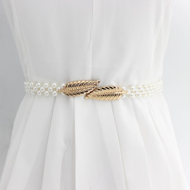 Metal Leaf Elastic Pearl Waist Chain for Dress