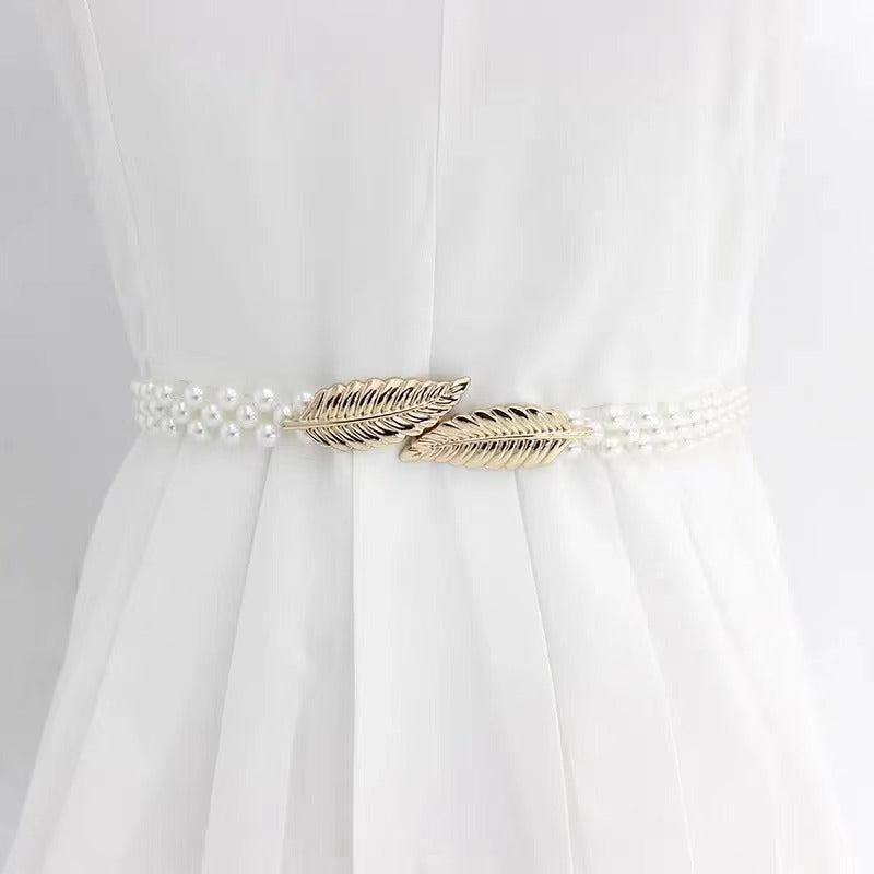 Metal Leaf Elastic Pearl Waist Chain for Dress