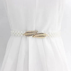 Metal Leaf Elastic Pearl Waist Chain for Dress