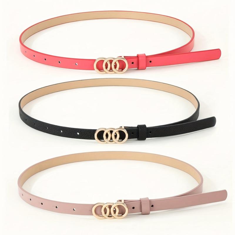 3pcs Triple Ring Buckle Belt Dark Pink Red PU Vintage Waistband Girdle