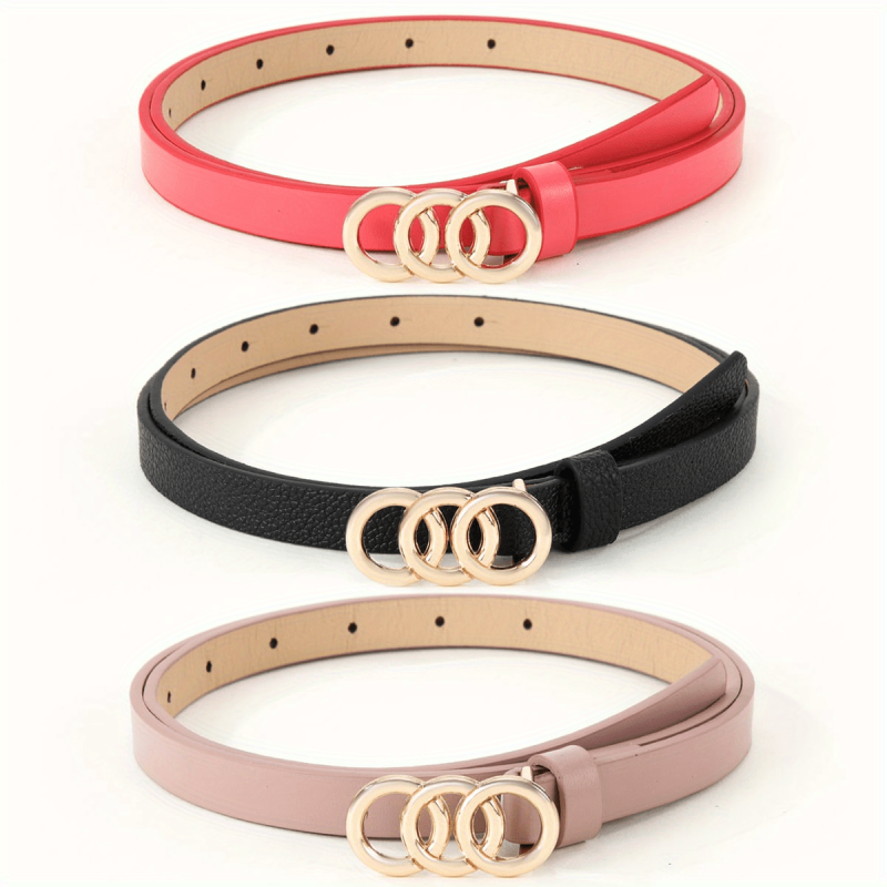 3pcs Triple Ring Buckle Belt Dark Pink Red PU Vintage Waistband Girdle