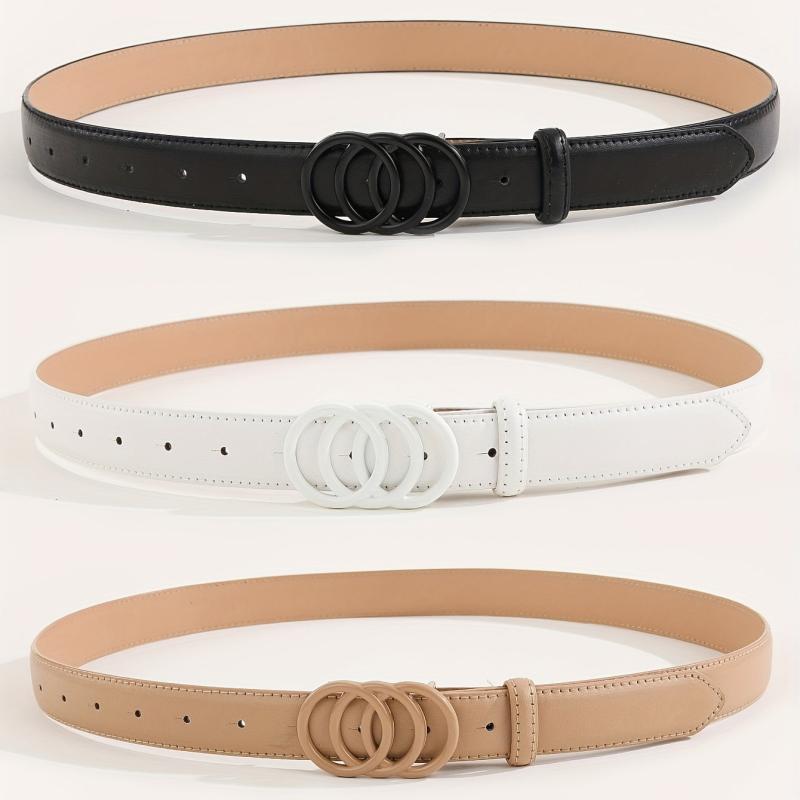 3pcs Solid PU Belt Triple O Ring Buckle Belt for Women