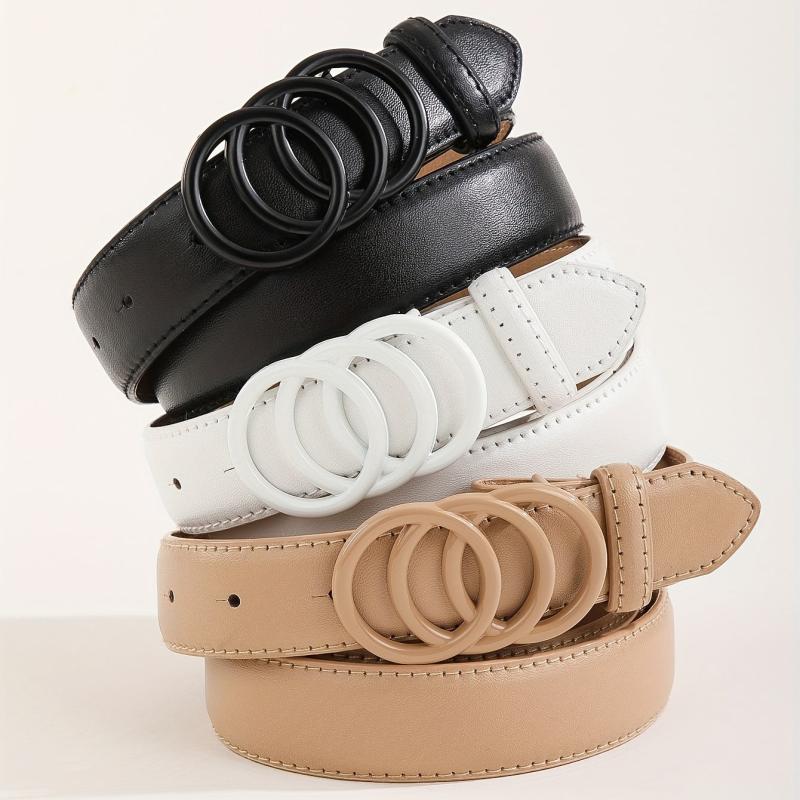 3pcs Solid PU Belt Triple O Ring Buckle Belt for Women