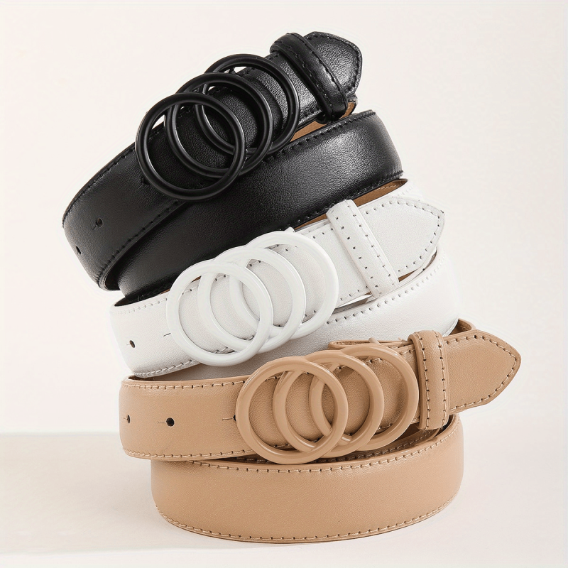 3pcs Solid PU Belt Triple O Ring Buckle Belt for Women