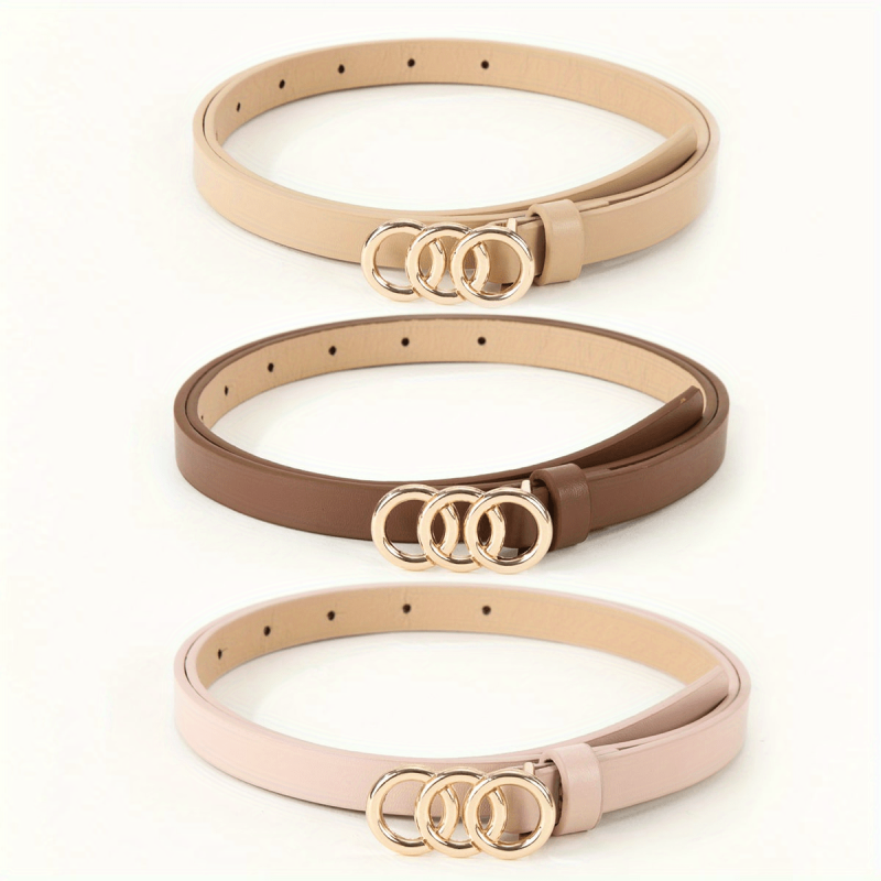 3pcs Triple Ring Buckle Belt Set in Classic Colors for Women
