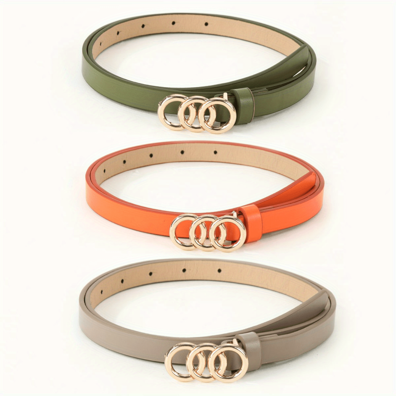 Vintage Triple Ring Buckle Belt Gray Orange Green PU