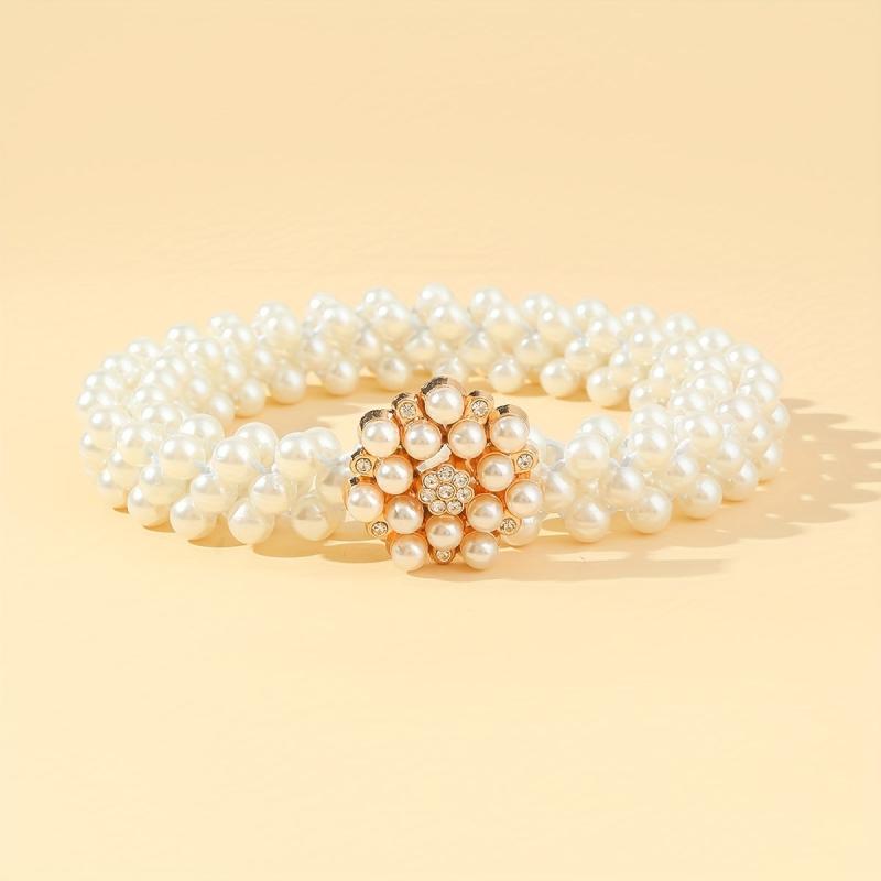 Faux Pearl Belt Elastic Waistband Hollow Out Decoration Belt