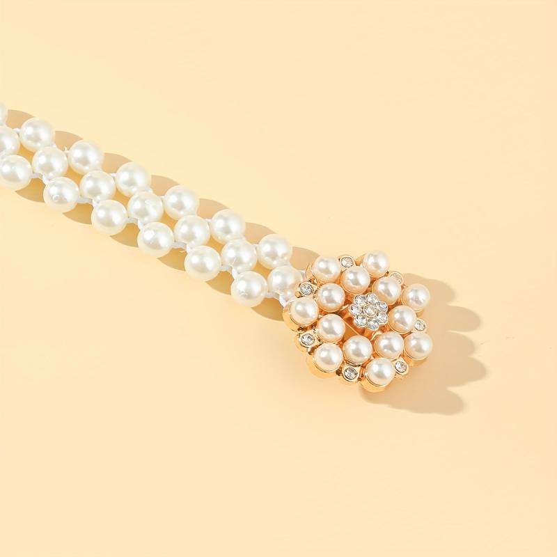Faux Pearl Belt Elastic Waistband Hollow Out Decoration Belt