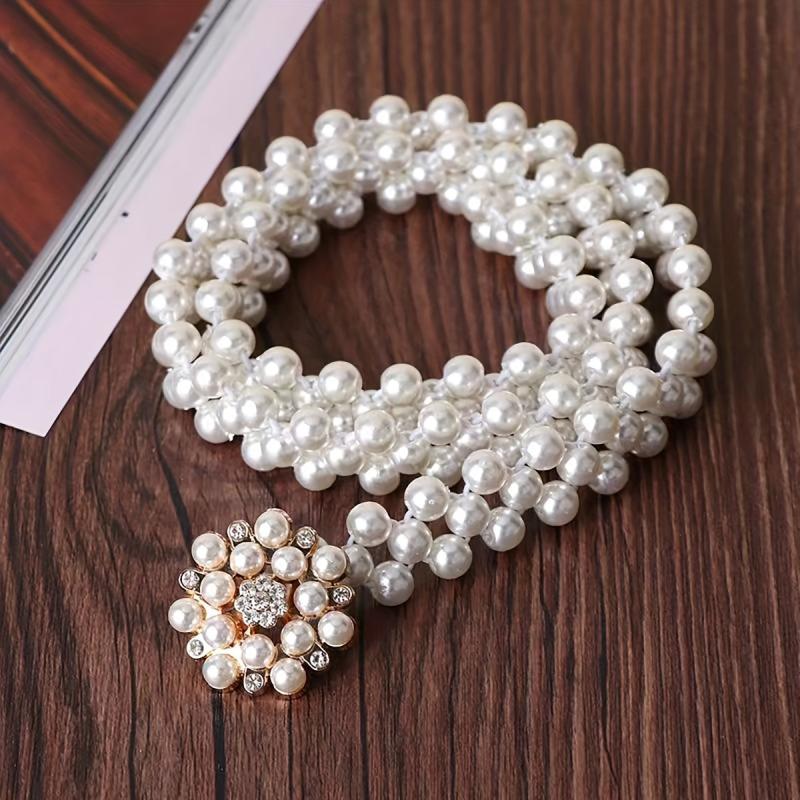 Faux Pearl Belt Elastic Waistband Hollow Out Decoration Belt