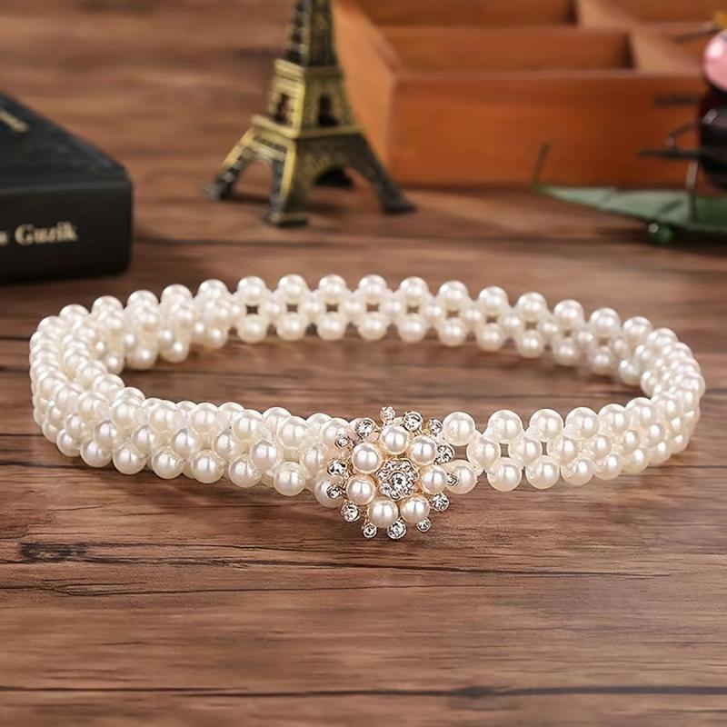 Faux Pearl Belt Elastic Waistband Hollow Out Decoration Belt