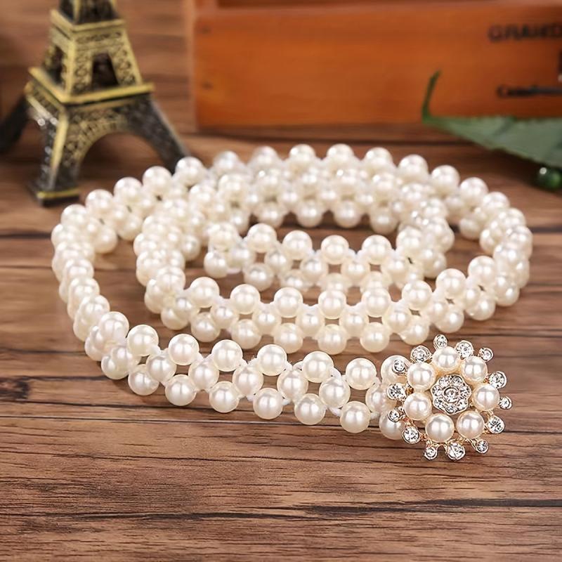 Faux Pearl Belt Elastic Waistband Hollow Out Decoration Belt
