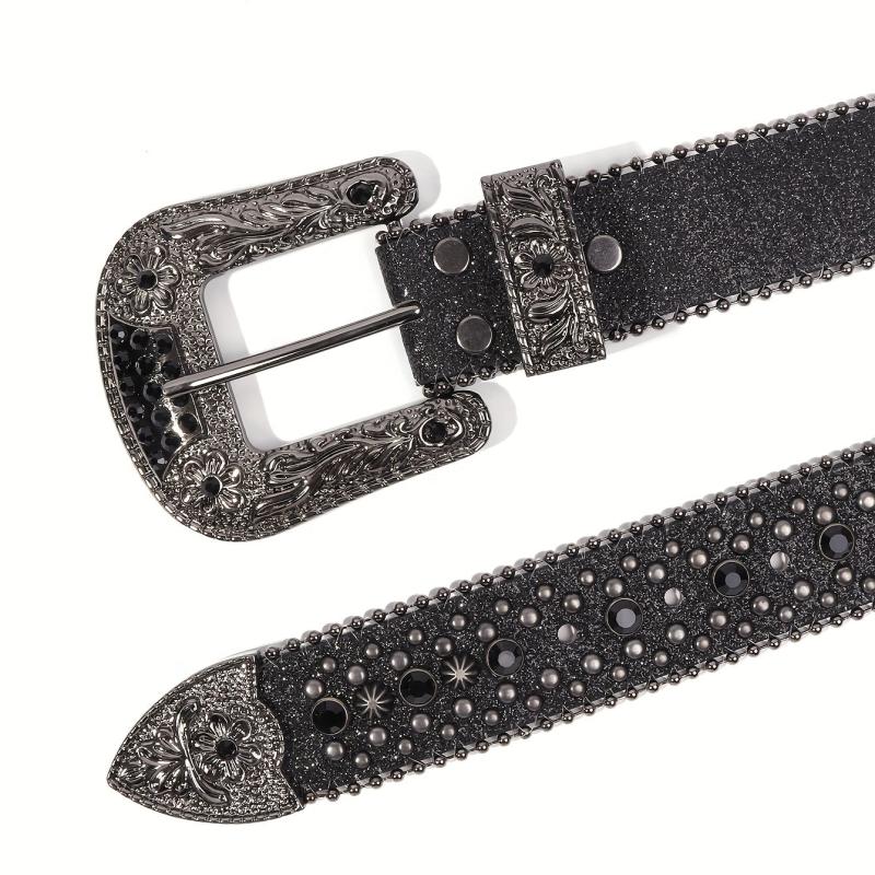 Glitter Rhinestone Rivet Belt Hip Hop Stylish Carved Buckle PU Belt