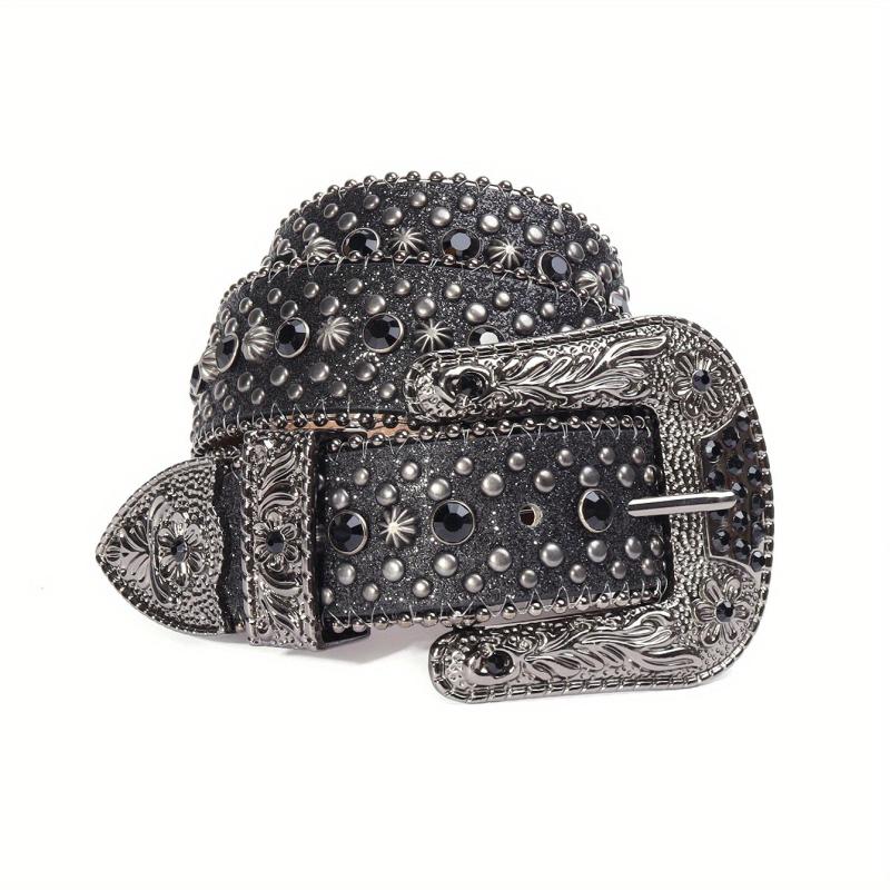 Glitter Rhinestone Rivet Belt Hip Hop Stylish Carved Buckle PU Belt