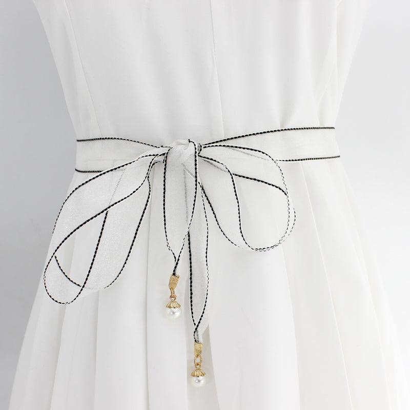 Lace Waistband Dress Belt with Pearl Pendant