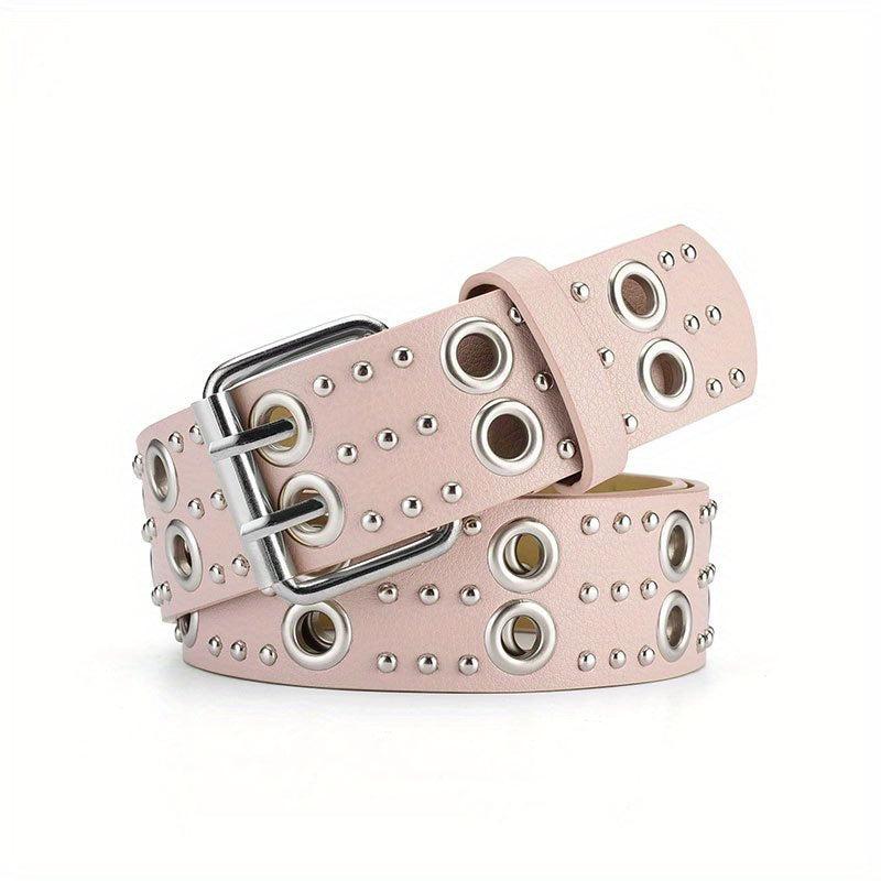 Double Pin Buckle Rivet Belt Hollow Out PU Leather Punk Jeans Pants Belt