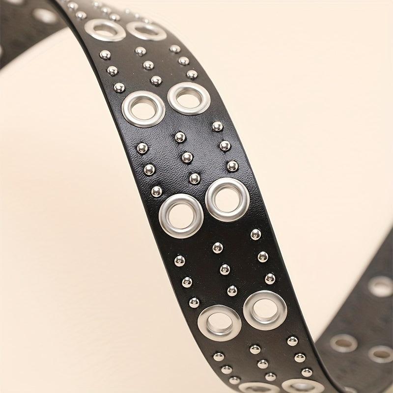 Double Pin Buckle Rivet Belt Hollow Out PU Leather Punk Jeans Pants Belt