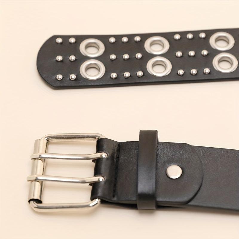 Double Pin Buckle Rivet Belt Hollow Out PU Leather Punk Jeans Pants Belt