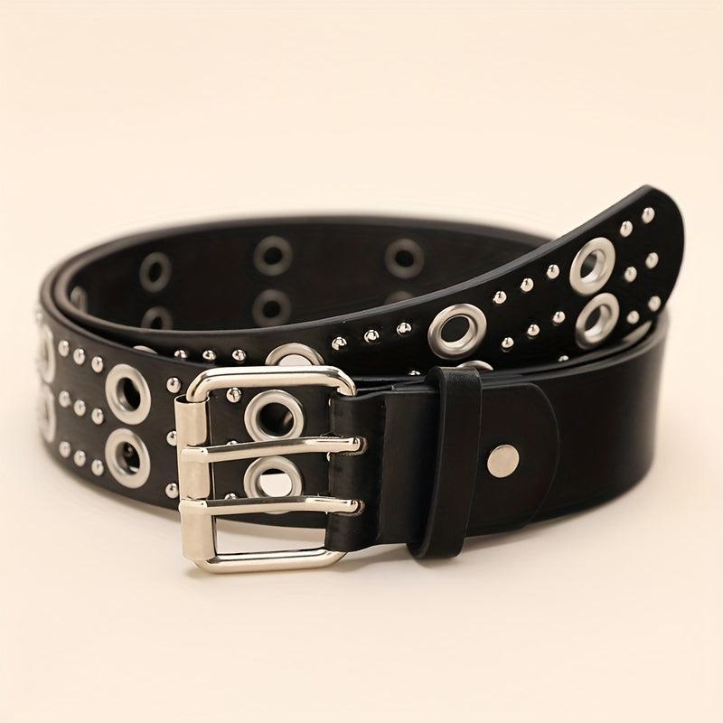 Double Pin Buckle Rivet Belt Hollow Out PU Leather Punk Jeans Pants Belt