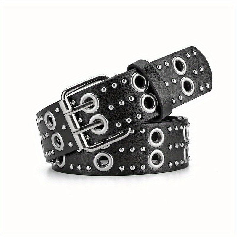 Double Pin Buckle Rivet Belt Hollow Out PU Leather Punk Jeans Pants Belt