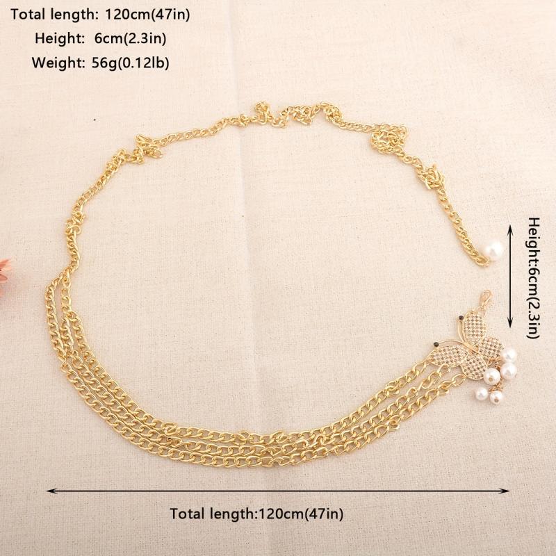 Golden Waist Chain Butterfly Buckle Faux Pearl Pendant Waistband for Women