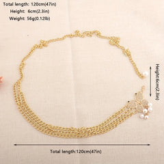 Golden Waist Chain Butterfly Buckle Faux Pearl Pendant Waistband for Women