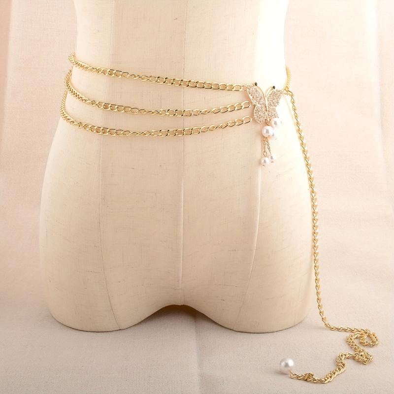 Golden Waist Chain Butterfly Buckle Faux Pearl Pendant Waistband for Women