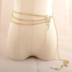 Golden Waist Chain Butterfly Buckle Faux Pearl Pendant Waistband for Women