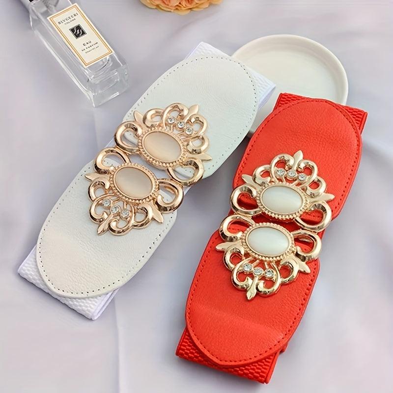 Women's Wide Elastic Belt with Double Metal Buckle
